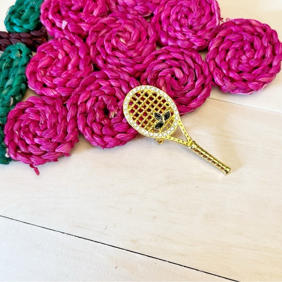 Gold Tone Tennis Racket Brooch Pin with Clear Rhinestones Black Enamel Detail - Picture 1 of 12